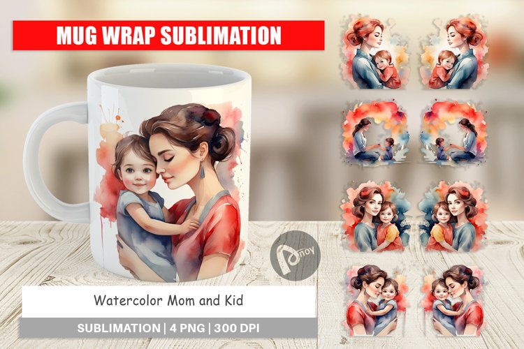 Mug Wrap Design Watercolor Mom and Kid