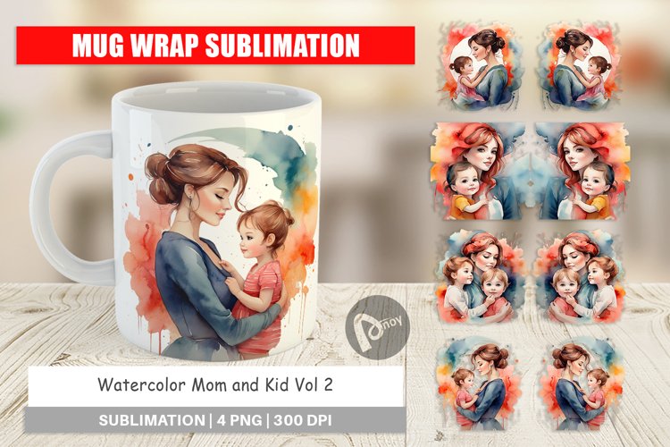 Mug Wrap Design Watercolor Mom and Kid
