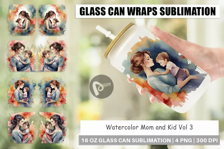 Glass Can Wraps Watercolor Mom and Kid