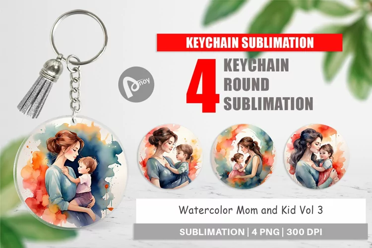 Keychain Watercolor Mom and Kid