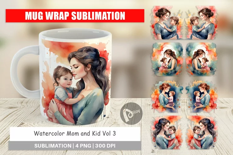 Mug Wrap Design Watercolor Mom and Kid