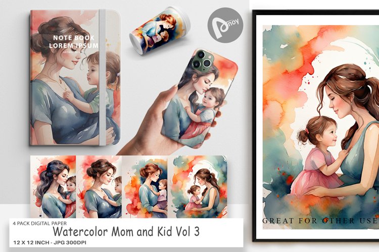 Digital Paper Watercolor Mom and Kid