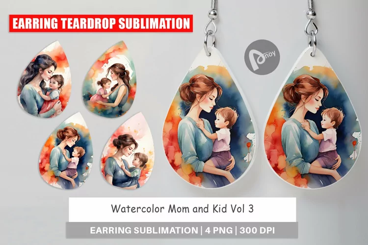 Earring Teardrop Watercolor Mom and Kid