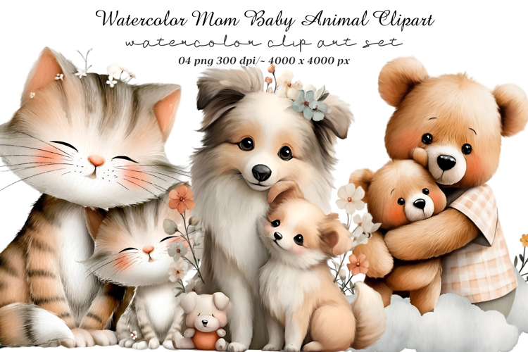 Watercolor Mom Baby Animal Clipart