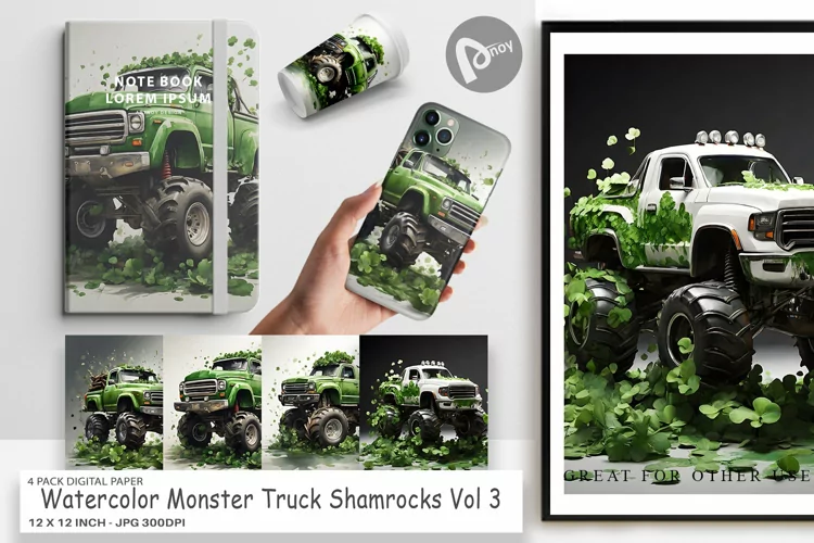 Digital Paper Monster Truck Shamrocks