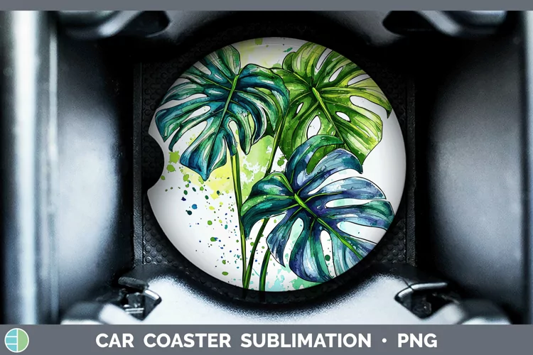 Watercolor Monstera Car Coaster Sublimation Designs