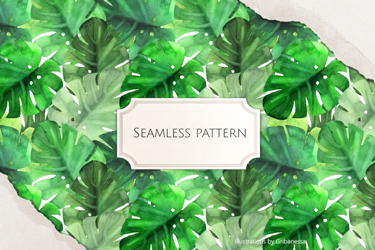 Watercolor Monstera Leaves Seamless Pattern