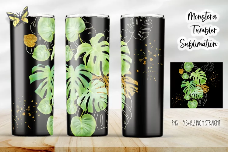 Watercolor and Glitter Monstera on Black for Tumbler Wrap