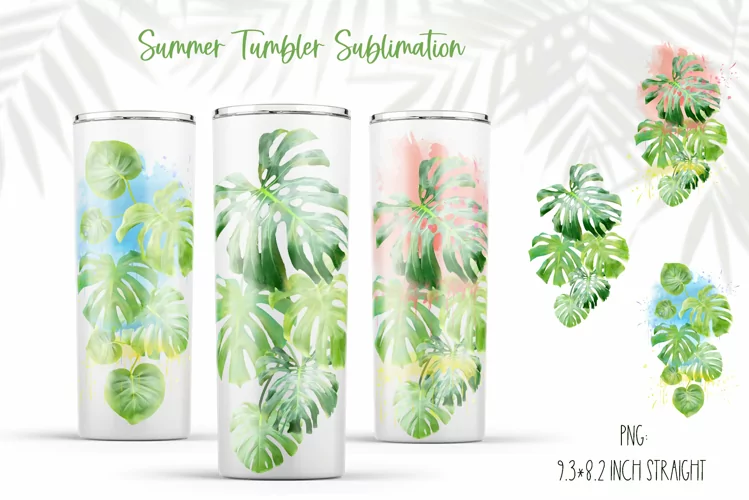 Summer Tropical Tumbler|Green Watercolor Monstera Leaves