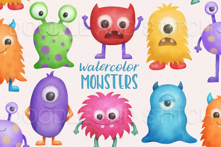Cute Watercolor Monster Clipart Illustrations