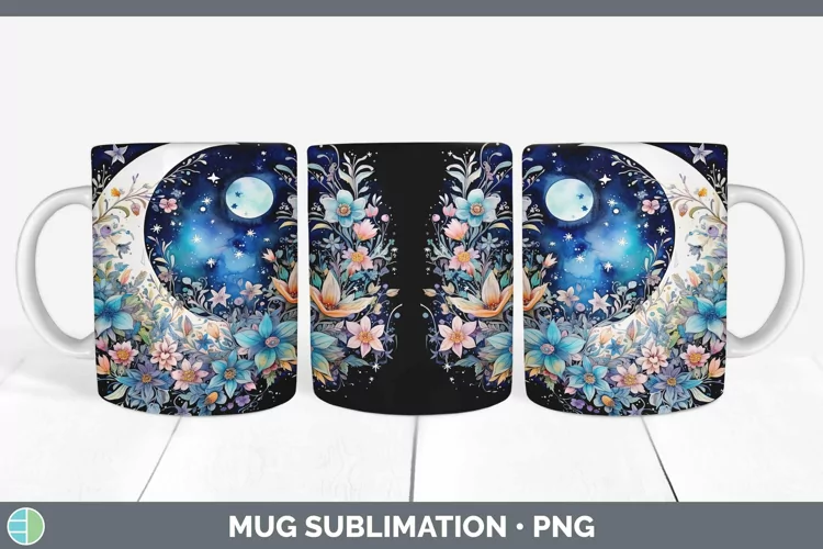 Watercolor Moon and Stars Mug Wrap | Sublimation Coffee Cup