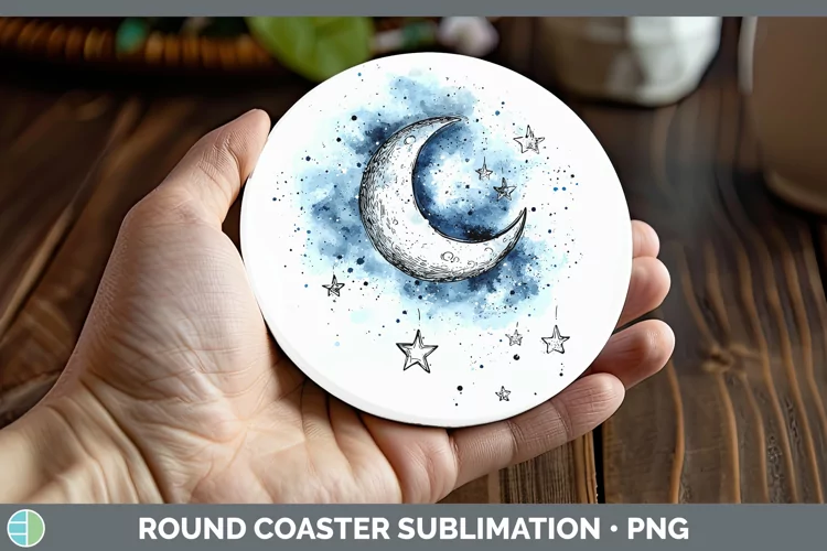 Watercolor Moon and Stars Round Coaster Sublimation Coaster