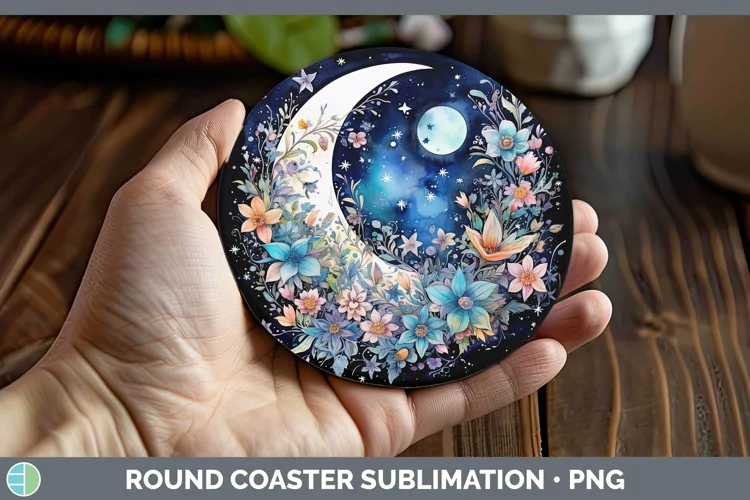 Watercolor Moon and Stars Round Coaster | Sublimation Coaste