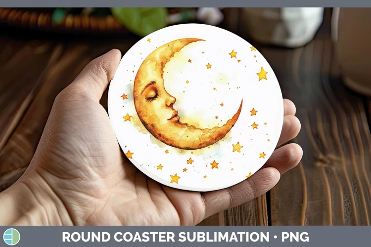 Watercolor Moon and Stars Round Coaster Sublimation Coaster