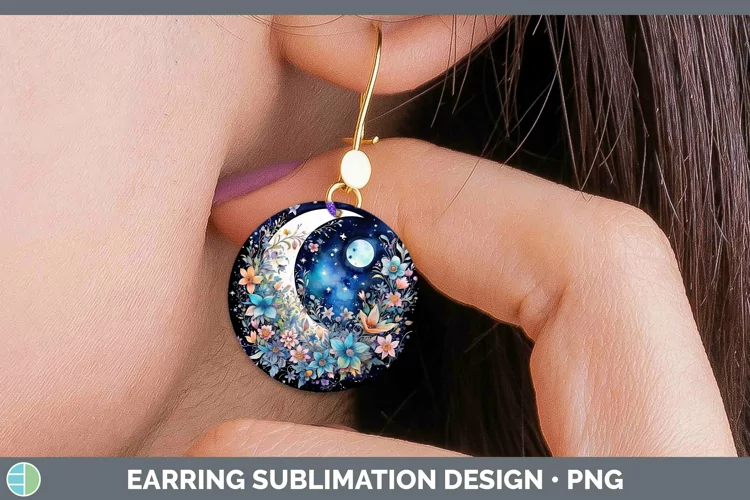Watercolor Moon and Stars Round Earrings | Sublimation Earri