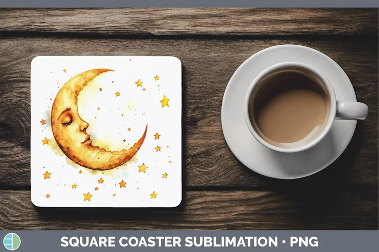 Watercolor Moon and Stars Square Coaster Sublimation Coaster