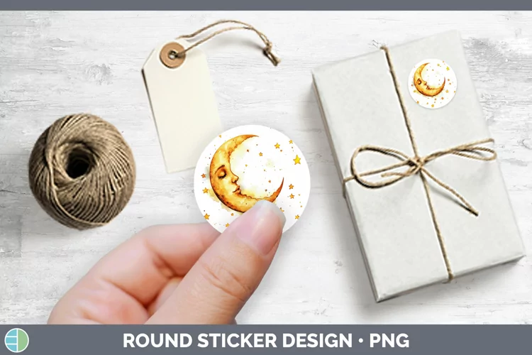 Watercolor Moon and Stars Stickers | Round Labels Designs