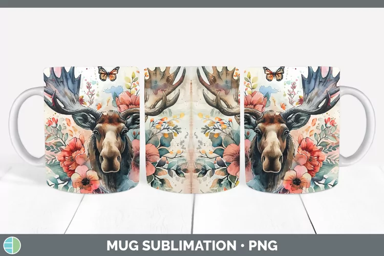Watercolor Moose Mug Wrap Sublimation Coffee Cup Designs