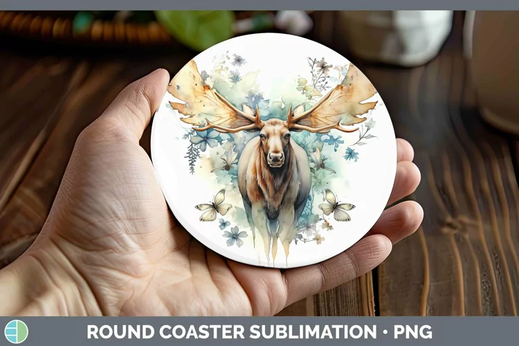 Watercolor Moose Round Coaster | Sublimation Coaster Designs
