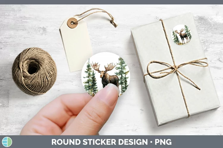 Watercolor Moose Stickers | Round Labels Designs