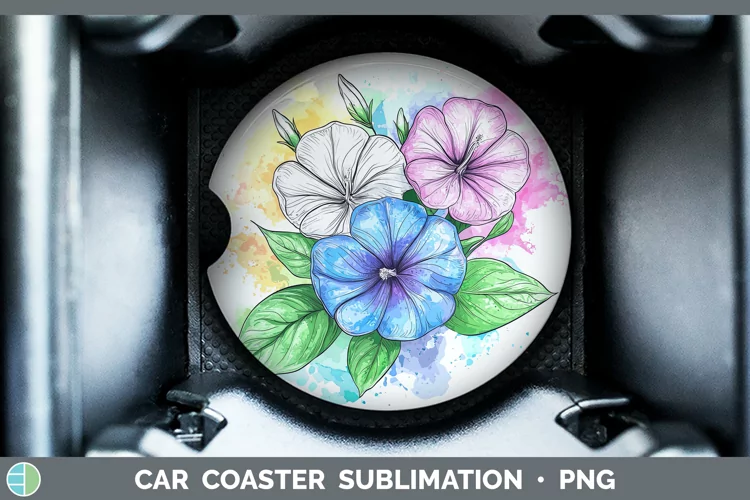 Watercolor Morning Glory Car Coaster Sublimation Designs