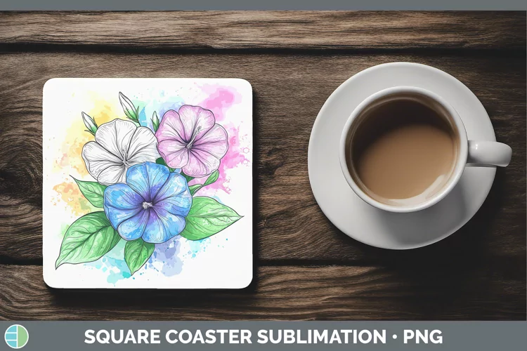 Watercolor Morning Glory Square Coaster Sublimation Coaster
