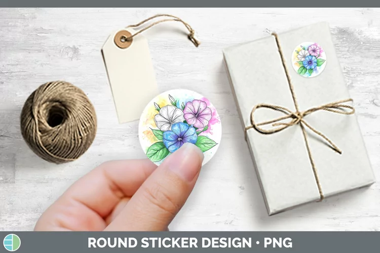 Watercolor Morning Glory Stickers | Round Labels Designs