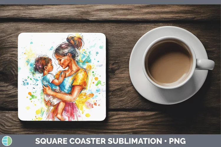 Watercolor Mother Child Square Coaster Sublimation Coaster D