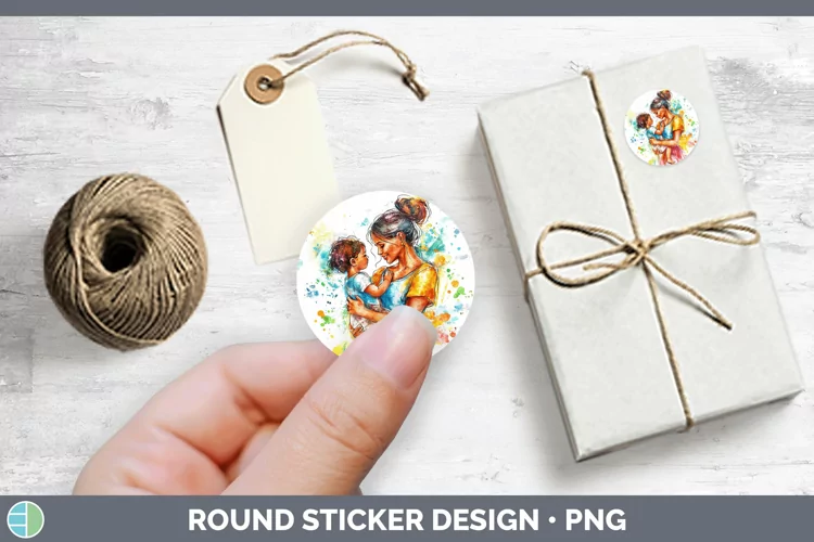 Watercolor Mother Child Stickers | Round Labels Designs