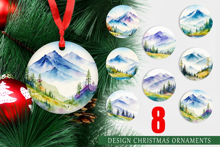 Christmas Ornaments Watercolor Mountain