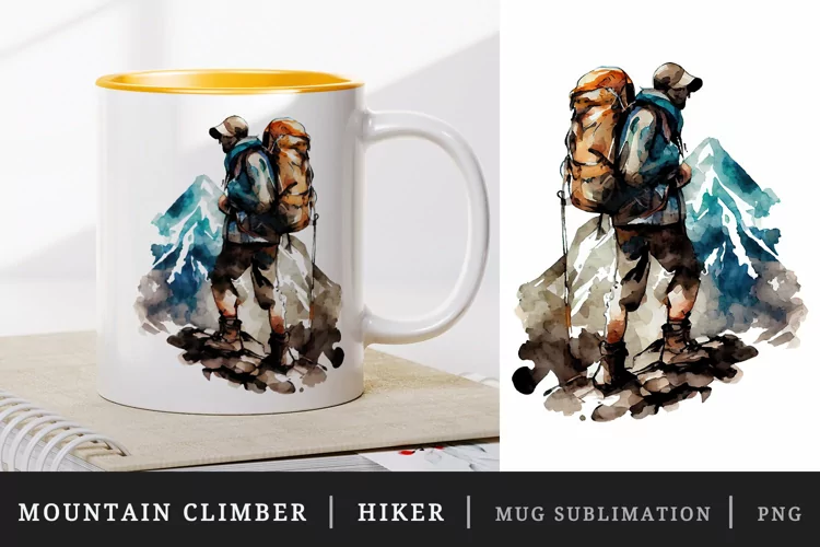 Mountain climber, hiker mug, cup wrap sublimation design png