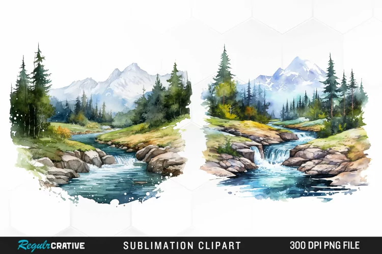 Watercolor Mountain Creek Landscape Graphic Clipart