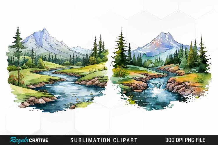 Watercolor Mountain Creek Landscape Graphic Clipart