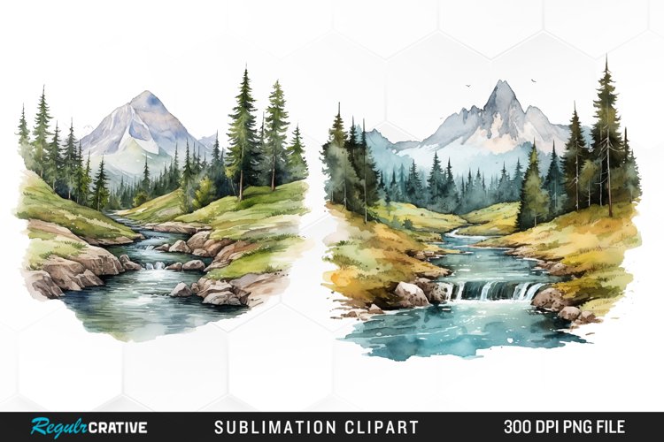 Watercolor Mountain Creek Landscape Set Clipart