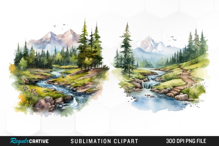 Watercolor Mountain Creek Landscape Graphic Clipart example image 1