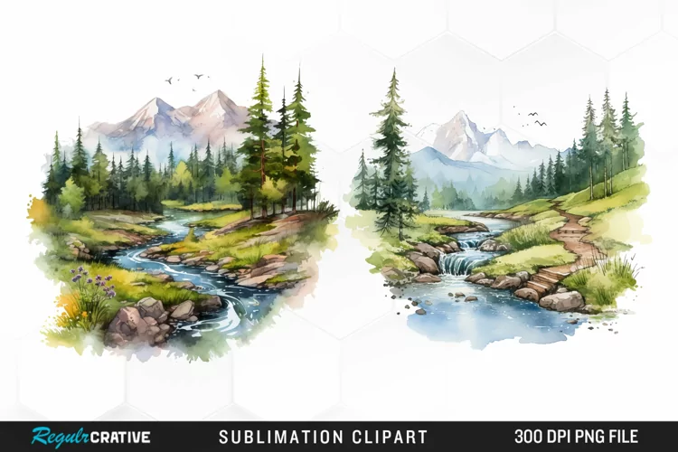 Watercolor Mountain Creek Landscape Graphic Clipart