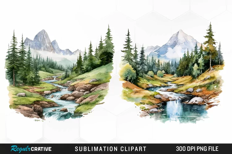 Watercolor Mountain Creek Landscape Graphic Clipart