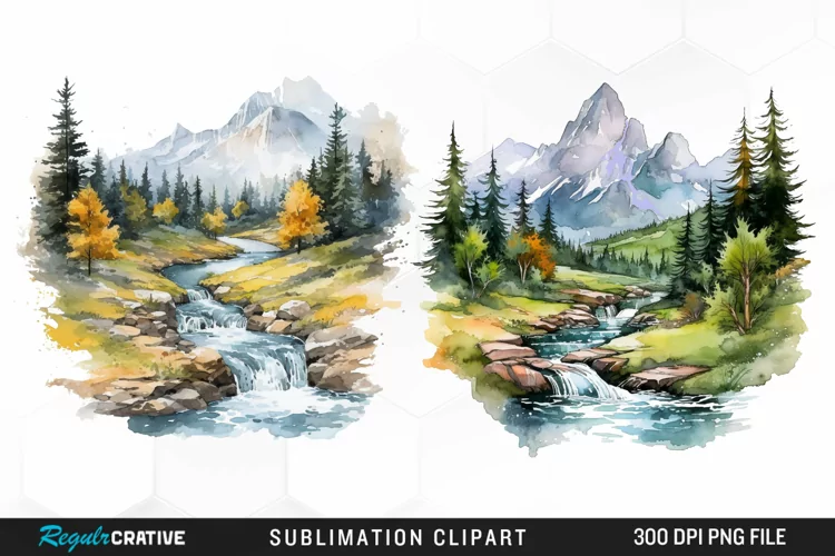 Watercolor Mountain Creek Landscape Graphic Clipart