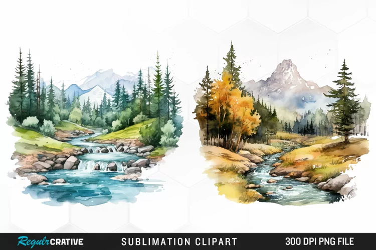 Watercolor Mountain Creek Landscape Graphic Clipart