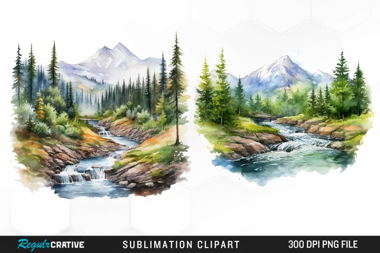 Watercolor Mountain Creek Landscape Graphic Clipart