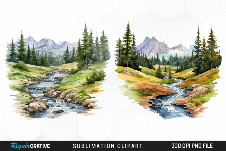 Watercolor Mountain Creek Landscape Graphic Clipart