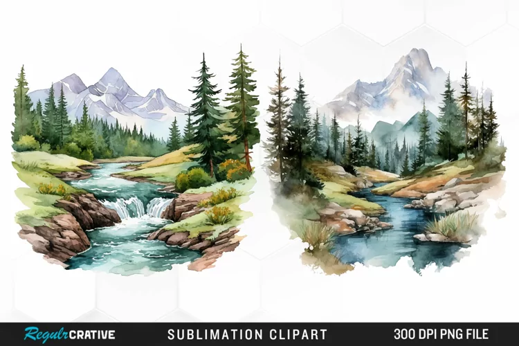 Watercolor Mountain Creek Landscape Graphic Clipart
