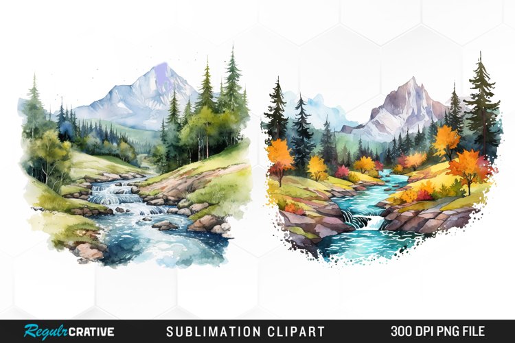 Watercolor Mountain Creek Landscape Graphic Clipart example image 1