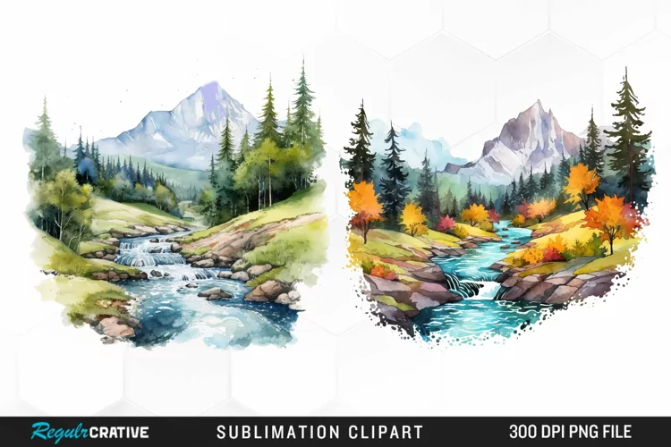 Watercolor Mountain Creek Landscape Graphic Clipart