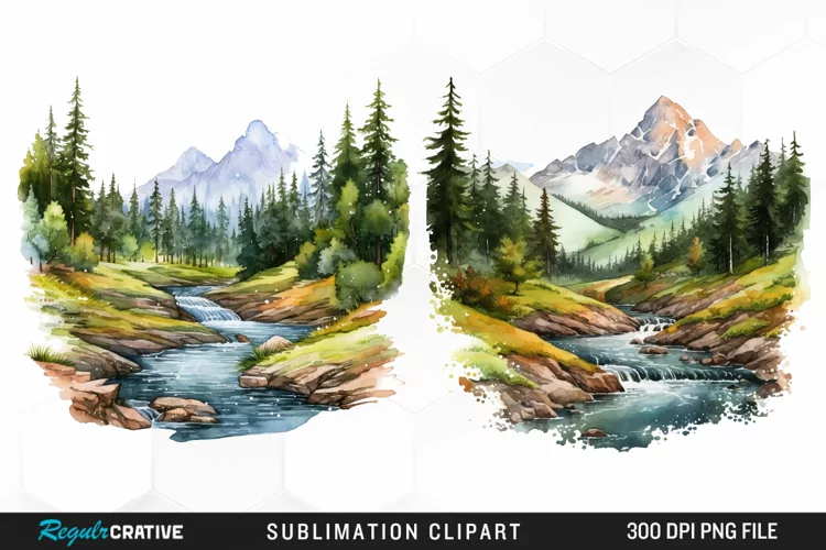 Watercolor Mountain Creek Landscape Graphic Clipart