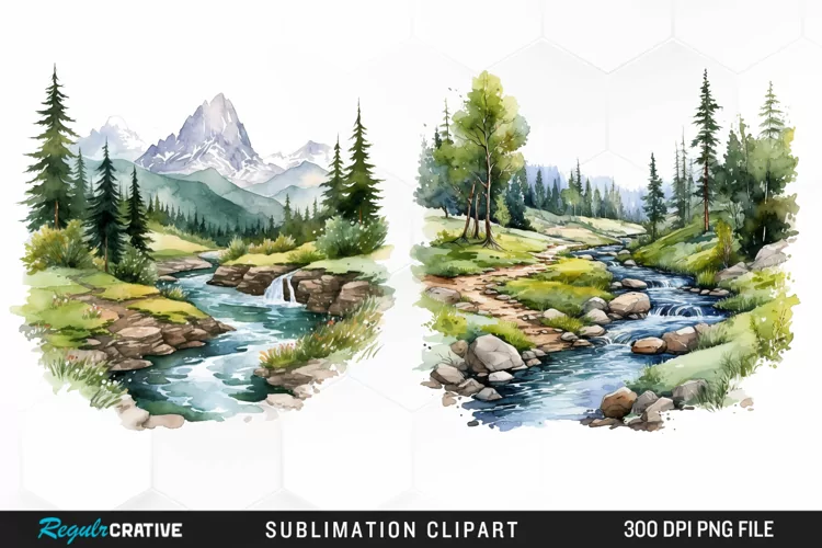 Watercolor Mountain Creek Landscape Graphic Clipart