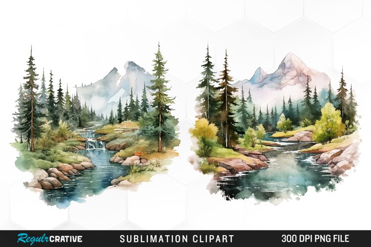 Watercolor Mountain Creek Landscape Set Clipart