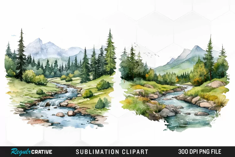Watercolor Mountain Creek Landscape Graphic Clipart