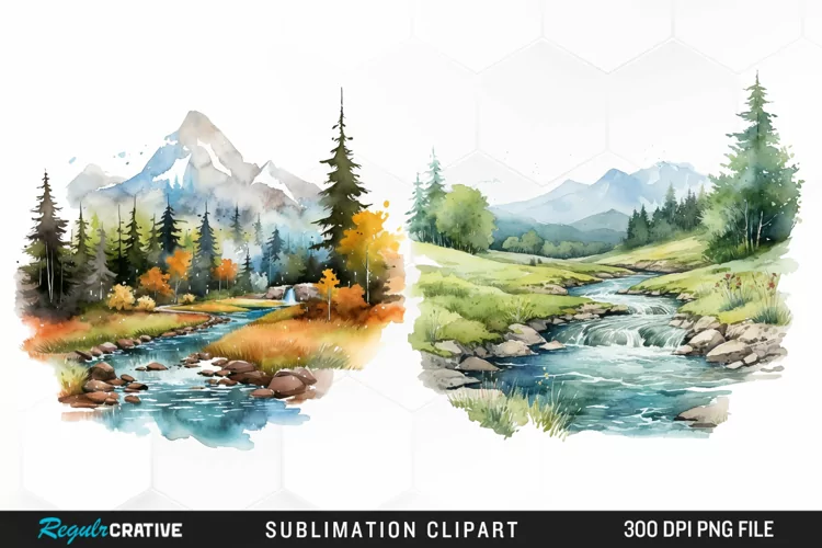 Watercolor Mountain Creek Landscape Graphic Clipart