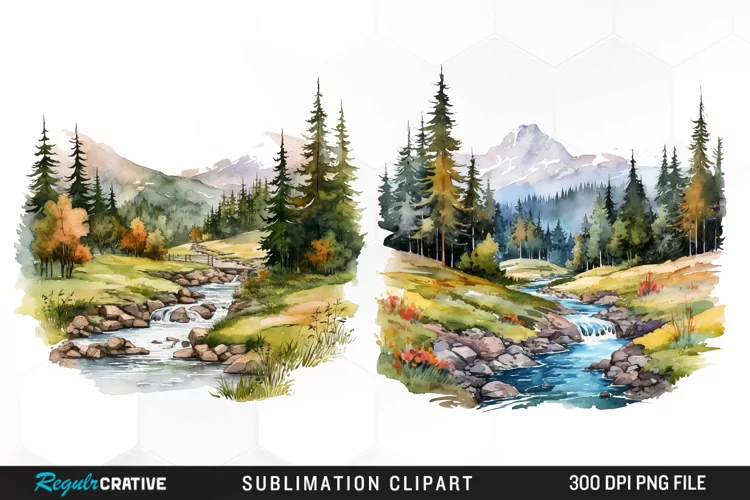 Watercolor Mountain Creek Landscape Graphic Clipart